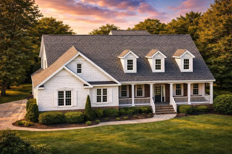 Front elevation of a Southern Farmhouse home featuring lap siding, dormer windows, and a wide covered front porch