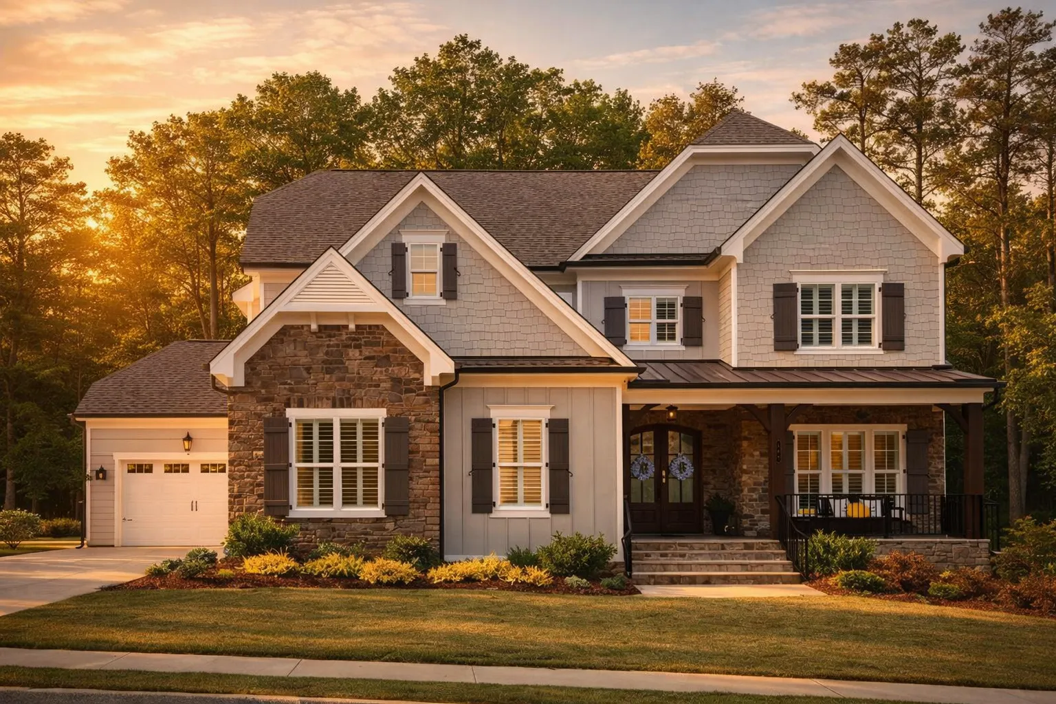 Front exterior of a New American Modern Traditional house with stone accents, horizontal siding, gabled rooflines, and three-car garage