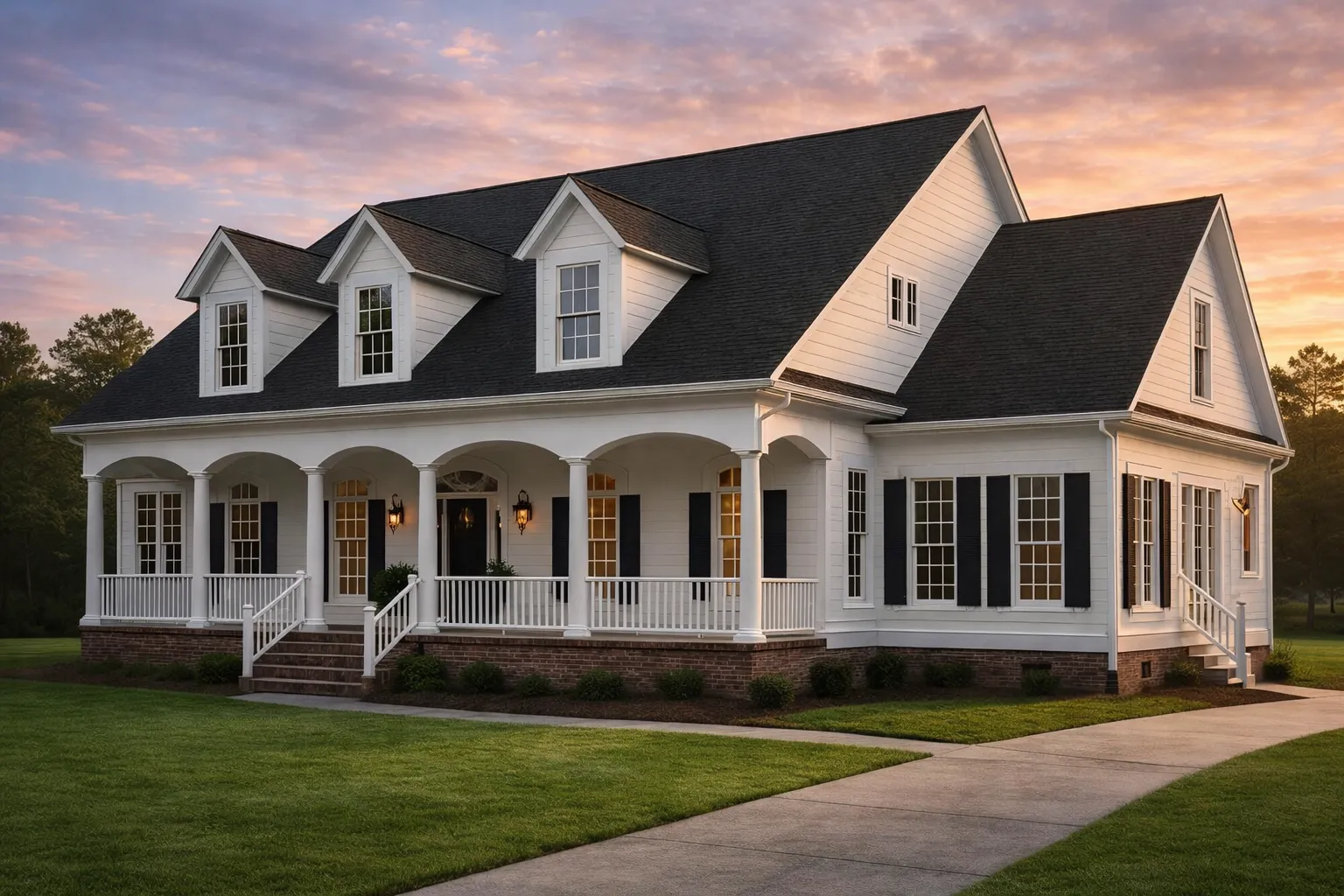 Front exterior of a Classical Southern style home with wraparound porch, horizontal siding, dormers, and symmetrical façade
