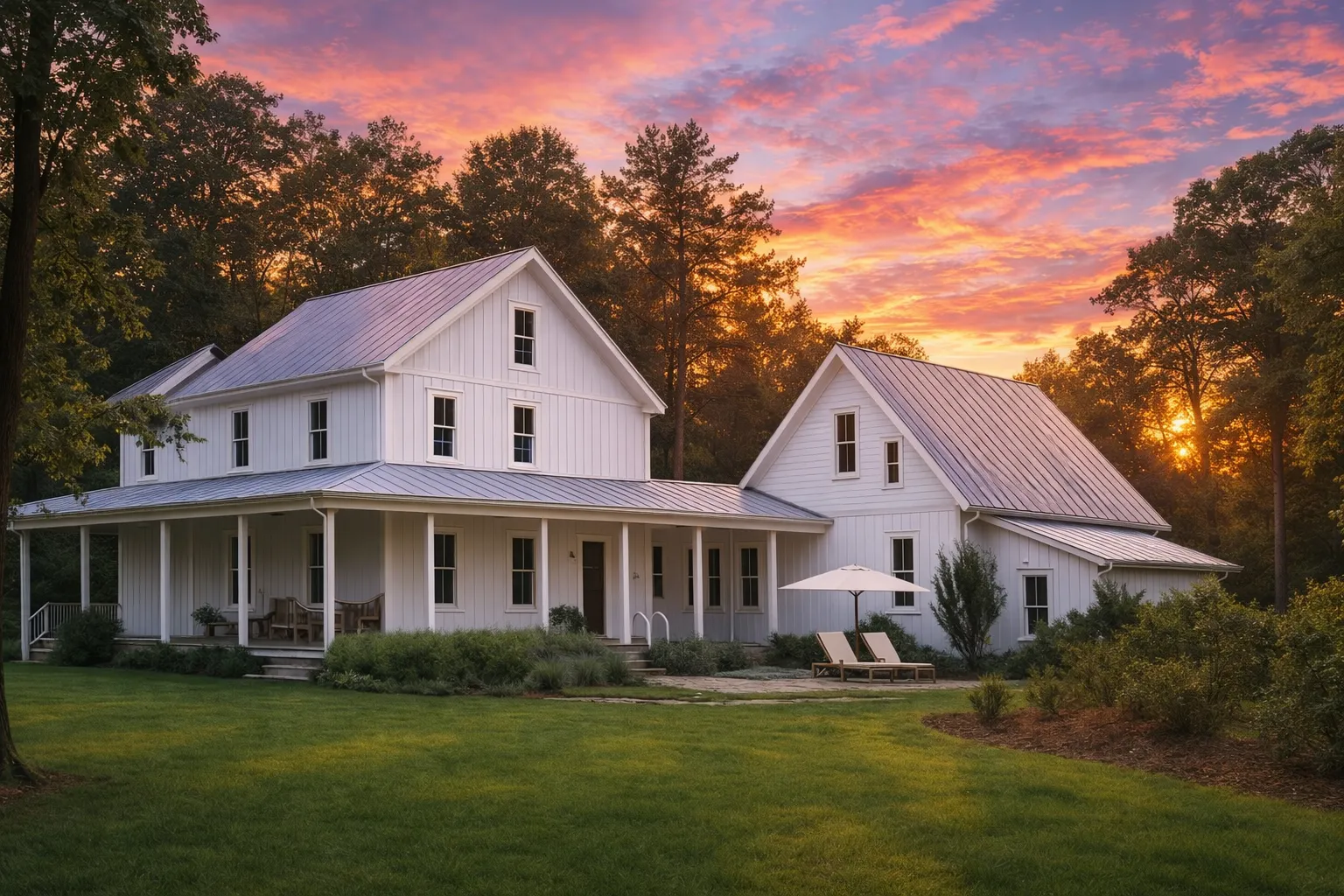Southern Farmhouse style home featuring board and batten siding, standing seam metal roof, wraparound porch, and detached garage wing