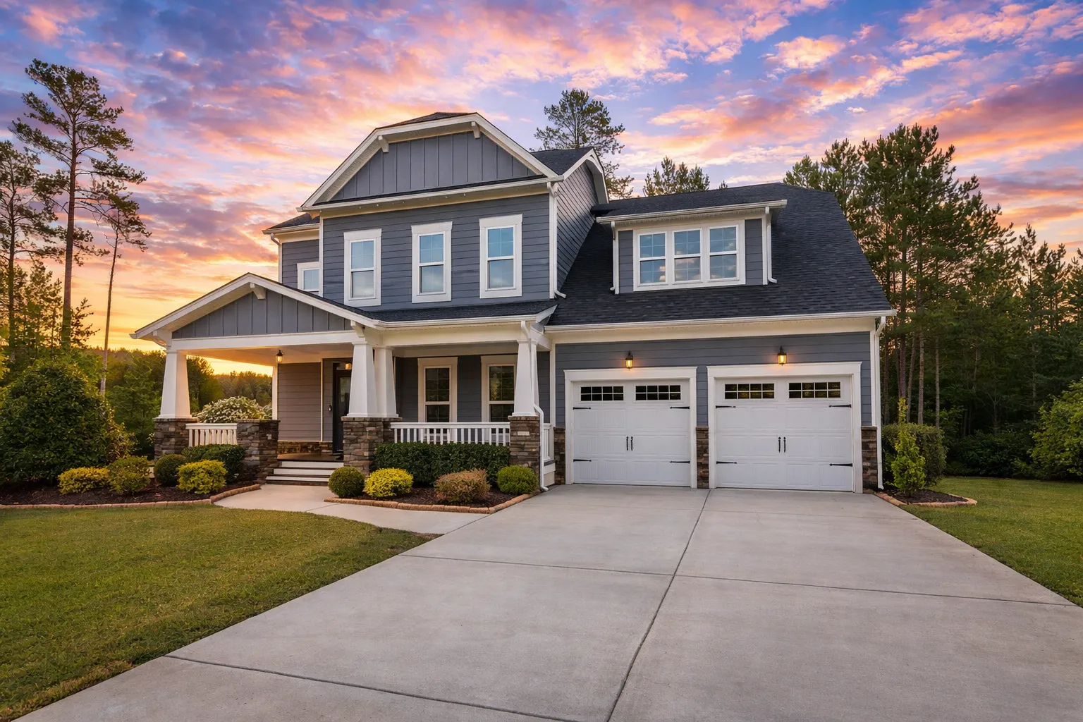 Front view of Modern Farmhouse style home with horizontal lap siding, board and batten gables, covered porch, and attached two-car garage