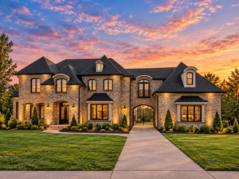 Front elevation of a French Provincial style luxury home featuring brick and stone exterior, steep rooflines, arched windows, and symmetrical design