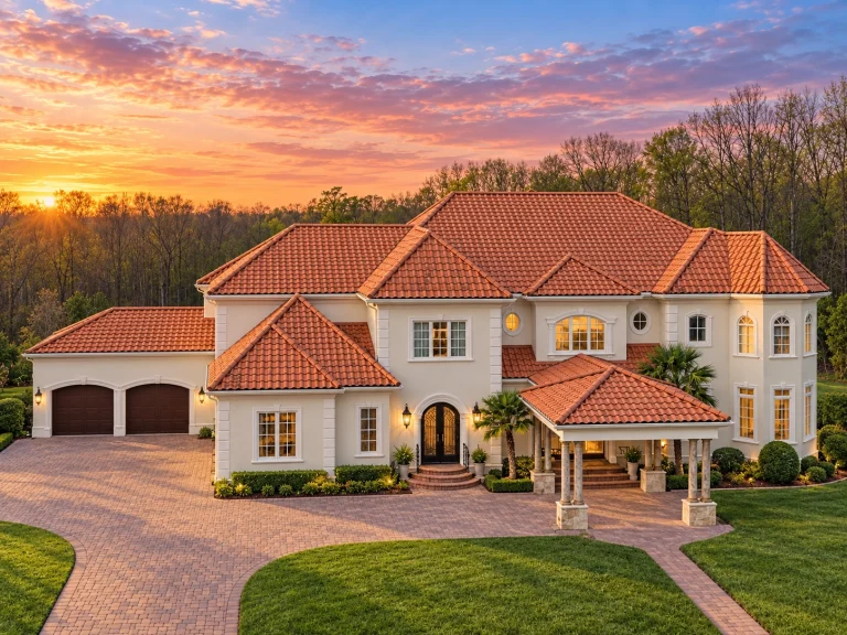 Front elevation of a French Provincial luxury home featuring full stone exterior, grand entry, symmetrical windows, and refined European architectural detailing