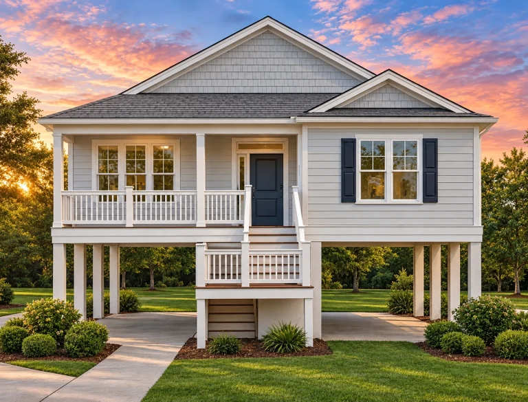 Front elevation of a Coastal Low Country style raised home featuring horizontal lap siding, covered front porch, symmetrical façade, and elevated pier foundation