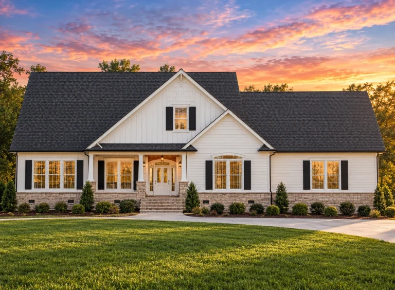 Craftsman Ranch house with blue lap and shingle siding, white trim, red shutters, centered gables, and 4pm daylight with realistic depth and shadows
