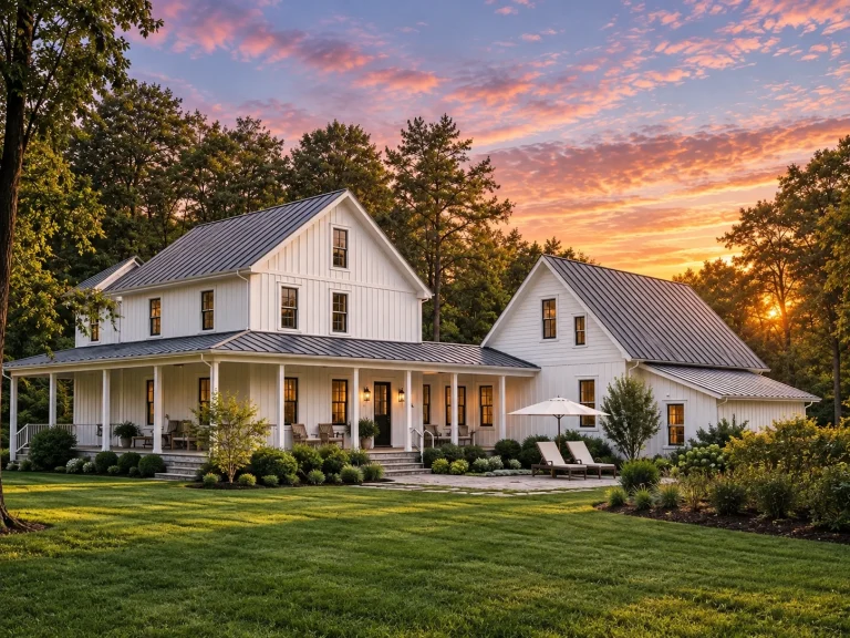 Southern Farmhouse style home featuring board and batten siding, standing seam metal roof, wraparound porch, and detached garage wing