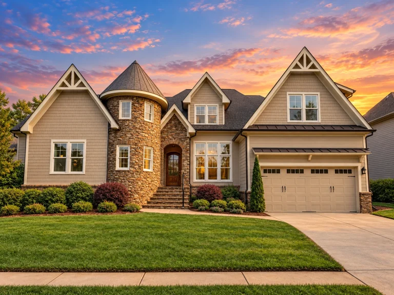 Front exterior view of a Craftsman New American style home featuring stone veneer entry tower, horizontal siding, gabled rooflines, and an attached two-car garage