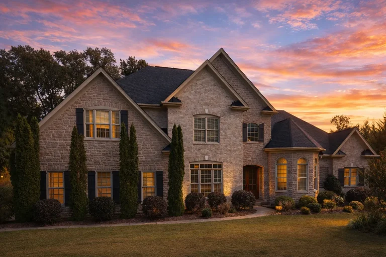 Front elevation of Traditional suburban home with brick exterior, shake gables, arched entry, and symmetrical windows at sunset