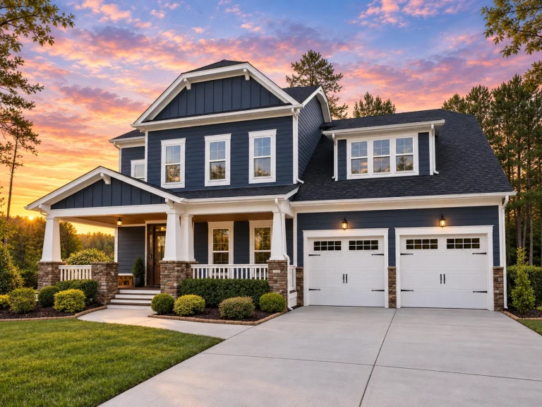 Mid-Size House Plans 5 Front view of Modern Farmhouse style home with horizontal lap siding, board and batten gables, covered porch, and attached two-car garage