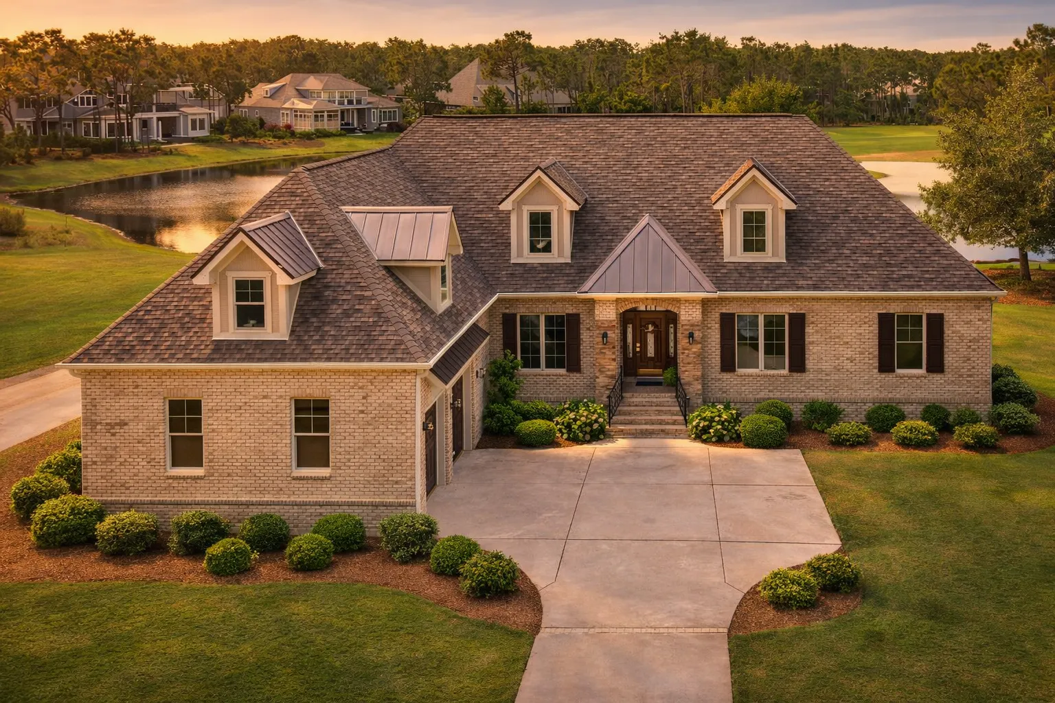 Front exterior view of a luxury Traditional Colonial style home featuring a brick façade, symmetrical design, gabled rooflines, and manicured landscaping