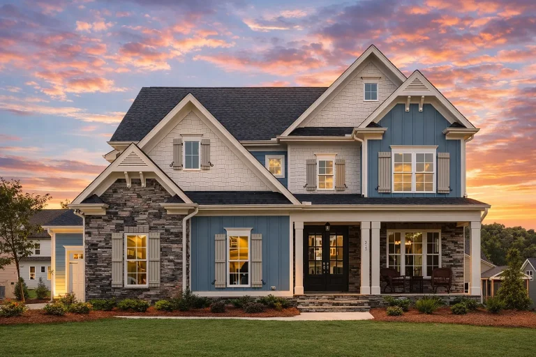 Front exterior view of a New American Coastal Craftsman style home with board-and-batten siding, stone accents, gabled rooflines, and covered front porch