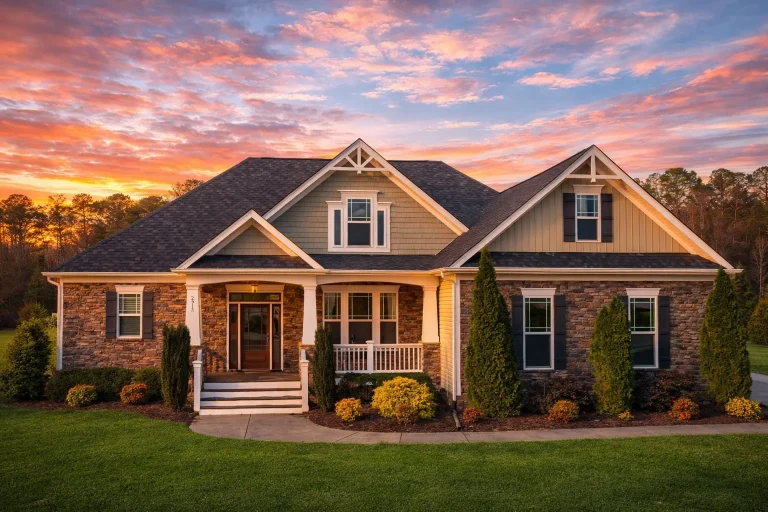 Front elevation of a New American Modern Traditional house featuring horizontal siding, stone accents, and a welcoming covered porch