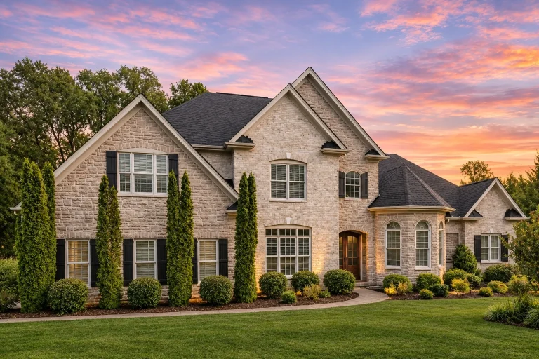 Georgian House Plans 7 Front elevation of Traditional suburban home with brick exterior, shake gables, arched entry, and symmetrical windows at sunset