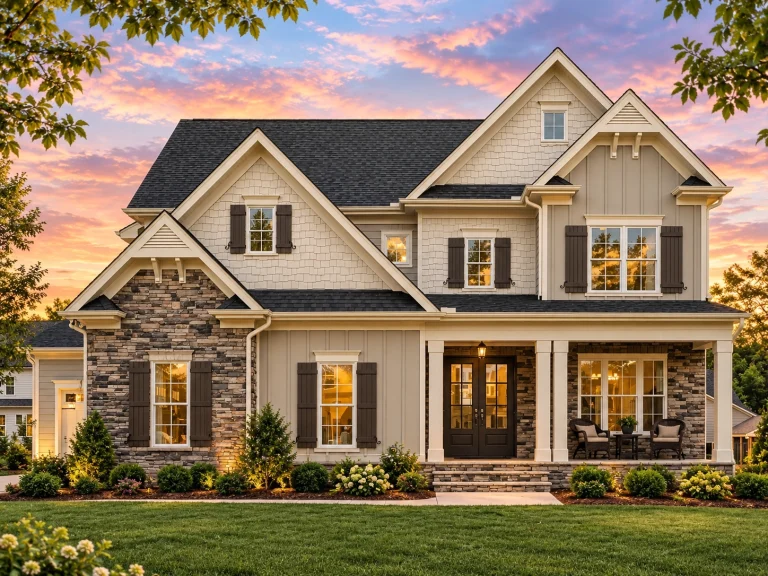Front exterior view of a New American Coastal Craftsman style home with board-and-batten siding, stone accents, gabled rooflines, and covered front porch