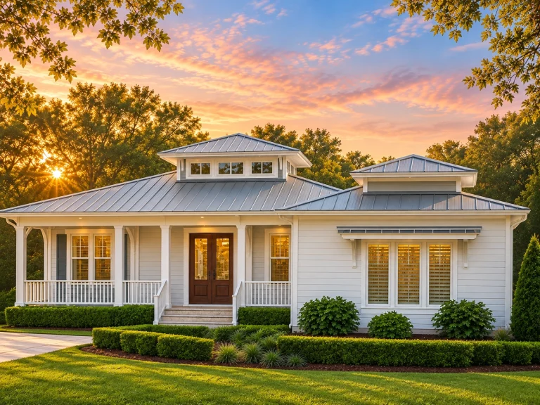 Front elevation of Coastal Cottage style home with horizontal lap siding, metal roof, and covered wraparound porch
