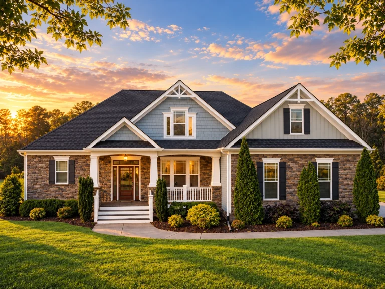 Front elevation of a New American Modern Traditional house featuring horizontal siding, stone accents, and a welcoming covered porch