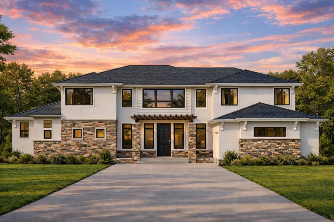 Front elevation of a New American modern traditional house with horizontal siding, board-and-batten accents, stone veneer, and symmetrical two-story design