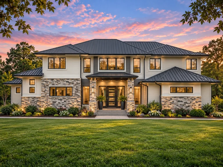 Modern Suburban House Plans 21 Front elevation of a New American modern traditional house with horizontal siding, board-and-batten accents, stone veneer, and symmetrical two-story design