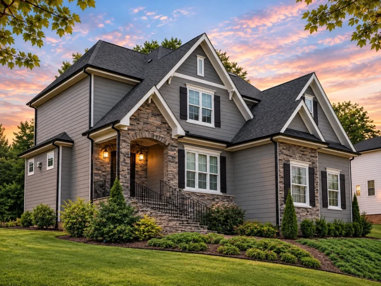 Modern Suburban House Plans 24 Front elevation of a New American Modern Traditional house with horizontal siding, stone accents, gabled rooflines, and covered entry