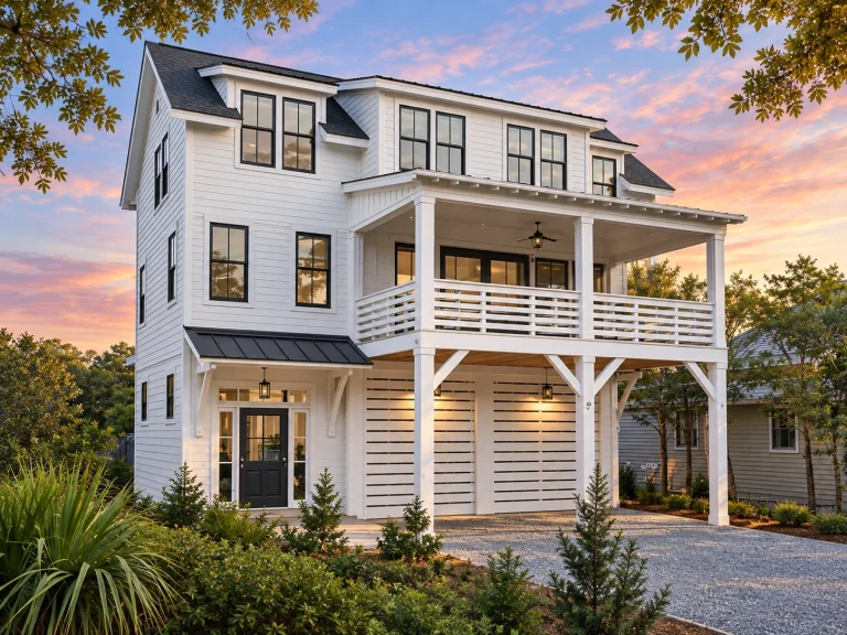 Best-Selling House Plans for Builders 9 Front view of an elevated Coastal Modern Farmhouse featuring horizontal siding, large black-framed windows, and a double garage beneath covered balconies
