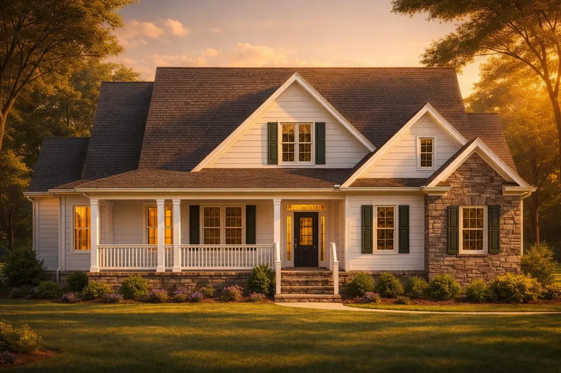 Front elevation of Craftsman Farmhouse style home with lap siding, stone veneer accents, gabled rooflines, and wide covered front porch at sunset