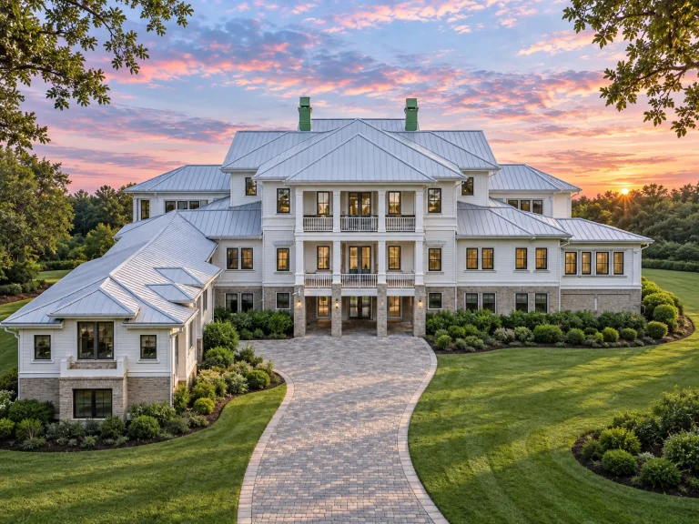 Front elevation of a Neoclassical Classical Southern style home with symmetrical design, double porches, painted siding, and stone exterior base