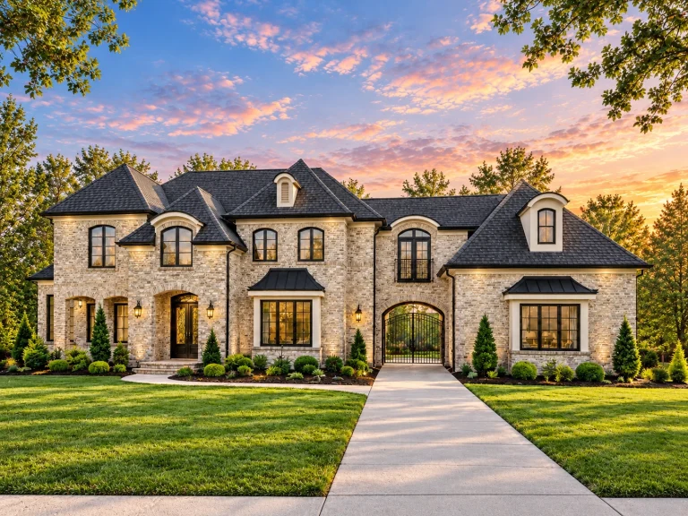 House Plans with Fireplace 25 Front elevation of a French Provincial style luxury home featuring brick and stone exterior, steep rooflines, arched windows, and symmetrical design