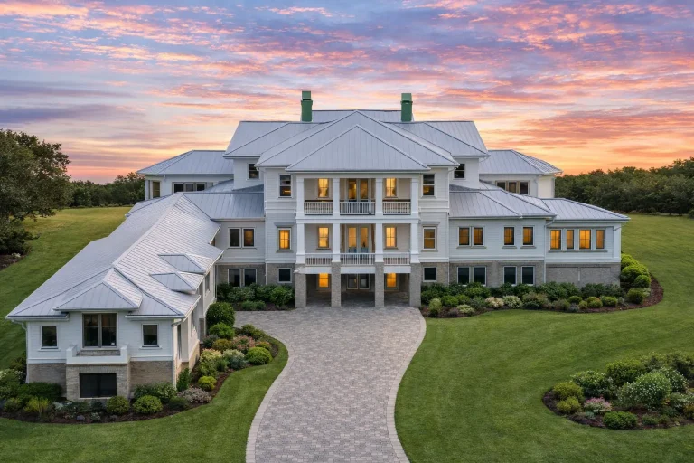 Front elevation of a Neoclassical Classical Southern style home with symmetrical design, double porches, painted siding, and stone exterior base
