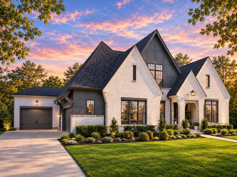 Front elevation of New American modern farmhouse house with white painted brick exterior, board and batten gables, steep rooflines, and symmetrical entry
