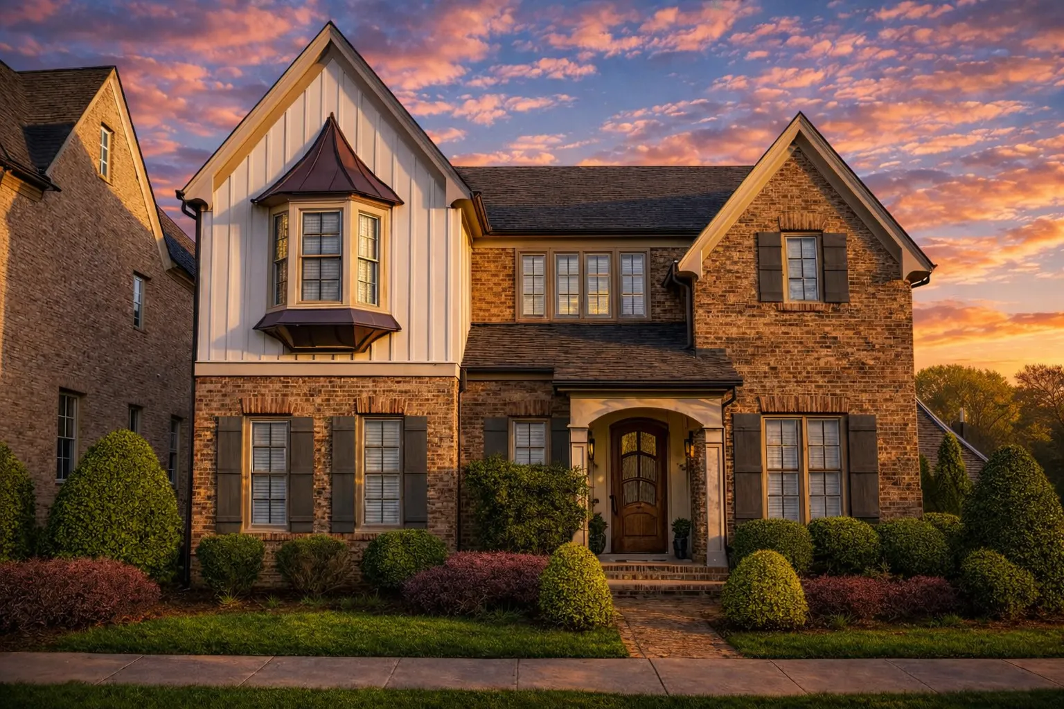 Front elevation of Traditional Craftsman 2-story house with brick exterior, shake siding accents, covered porch, and 2-car garage