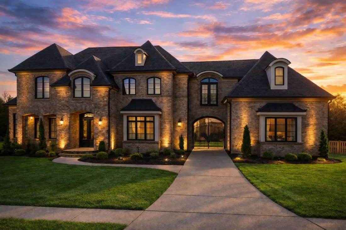 Front elevation of a French Provincial style luxury home featuring brick and stone exterior, steep rooflines, arched windows, and symmetrical design