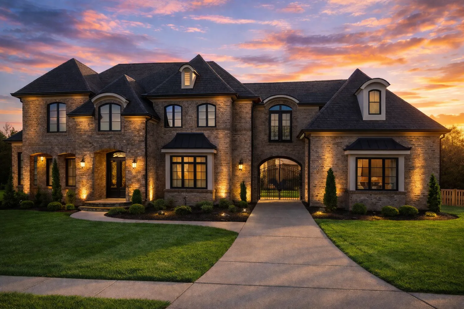 Front elevation of a French Provincial style luxury home featuring brick and stone exterior, steep rooflines, arched windows, and symmetrical design