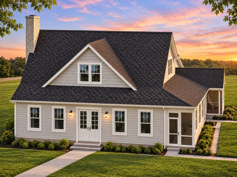 Front view of Modern Farmhouse style home with board and batten siding, brick foundation, and spacious covered porch entry