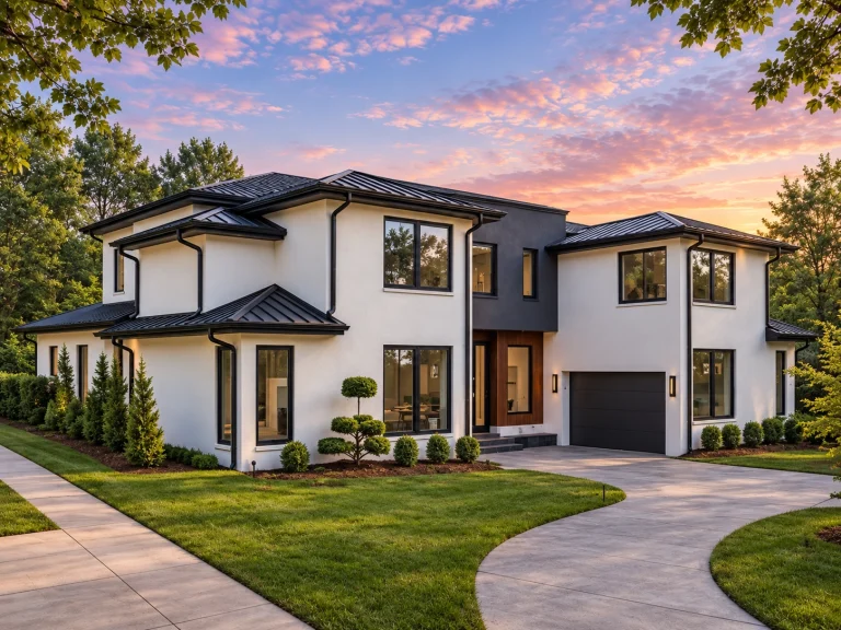 Garage Apartment Plans 6 Front exterior view of a contemporary modern two-story house featuring smooth stucco walls, standing seam metal roof, black-framed windows, and a curved driveway