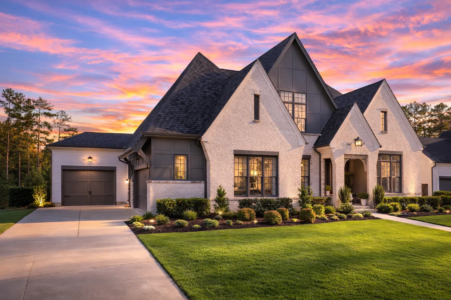 House Plans with Second Floor Laundry Room 11 Front elevation of New American modern farmhouse house with white painted brick exterior, board and batten gables, steep rooflines, and symmetrical entry