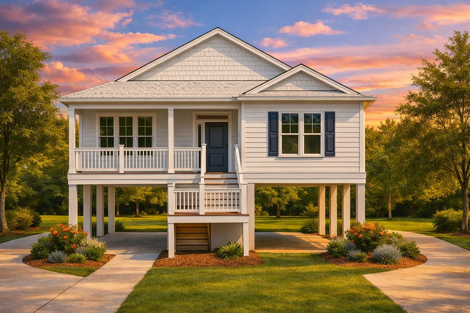 Front elevation of a Coastal Low Country style raised home featuring horizontal lap siding, covered front porch, symmetrical façade, and elevated pier foundation