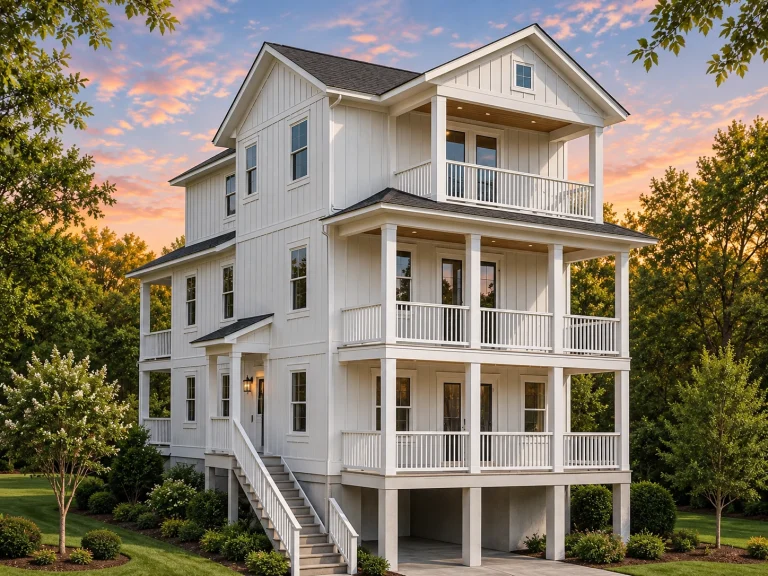 Front view of a three-story Coastal Low Country style home featuring modern farmhouse design and crisp white board and batten siding with wraparound porches.