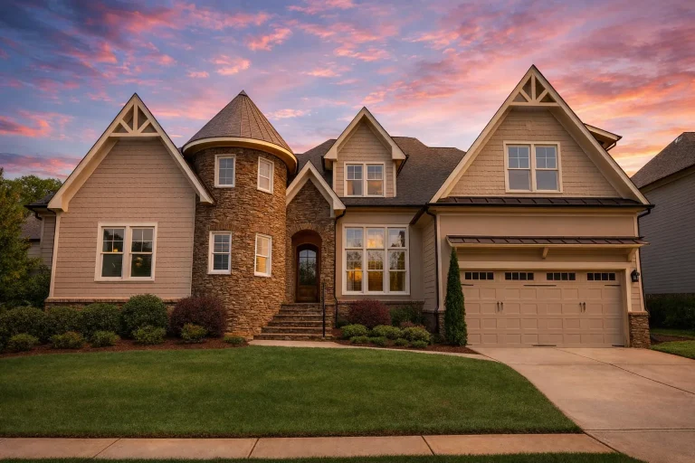 Front exterior view of a Craftsman New American style home featuring stone veneer entry tower, horizontal siding, gabled rooflines, and an attached two-car garage