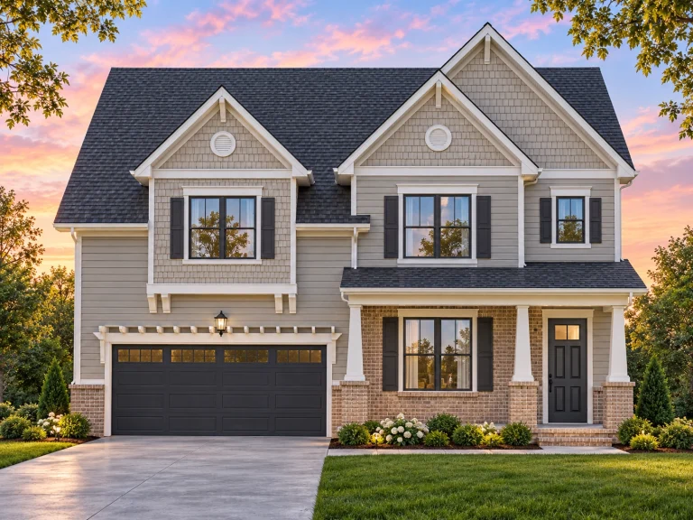 Front view of a Modern Farmhouse style home featuring board and batten siding, horizontal lap accents, and a stone base for a warm traditional appearance