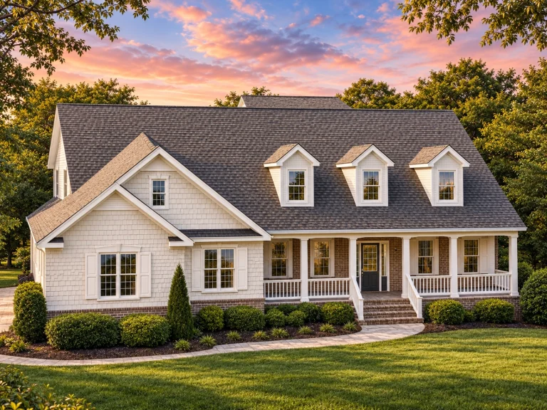 Classical House Plans 14 Front elevation of a Southern Farmhouse home featuring lap siding, dormer windows, and a wide covered front porch
