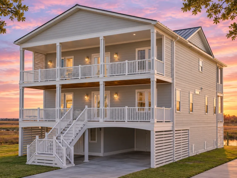 House Plans with Wraparound Porch 4 Front elevation of a Coastal Low Country beach house with elevated foundation, double porches, and shingle siding exterior