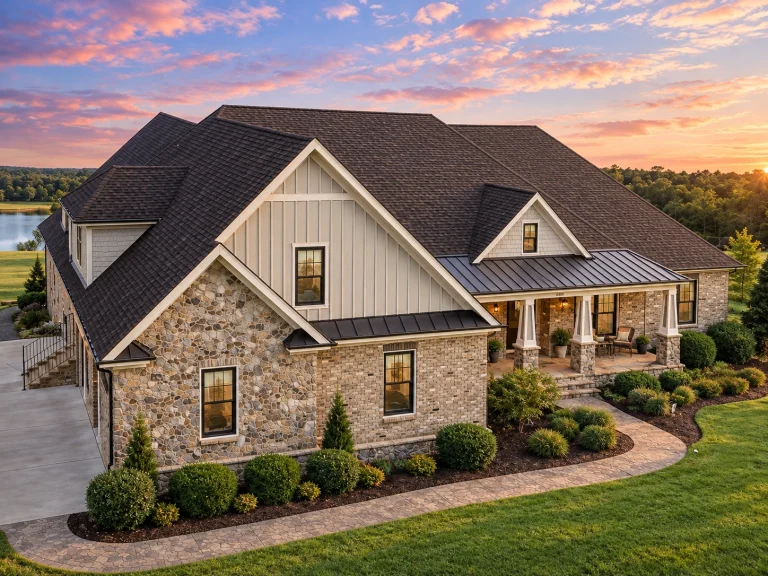 Affordable House Plans 6 Front exterior view of a New American farmhouse style home with brick and stone facade, board-and-batten siding, metal porch roof, and landscaped lawn