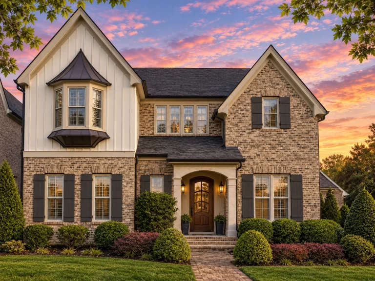 Front elevation of Traditional Craftsman 2-story house with brick exterior, shake siding accents, covered porch, and 2-car garage