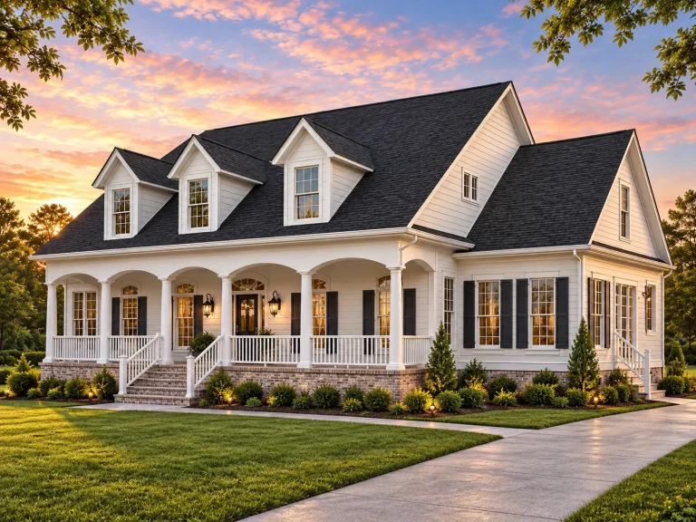Courtyard House Plans 20 Front exterior of a Classical Southern style home with wraparound porch, horizontal siding, dormers, and symmetrical façade