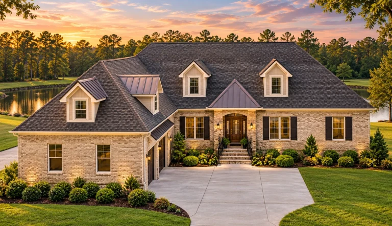 Front exterior view of a luxury Traditional Colonial style home featuring a brick façade, symmetrical design, gabled rooflines, and manicured landscaping