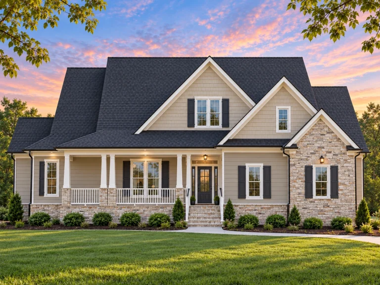 Front elevation of Craftsman Farmhouse style home with lap siding, stone veneer accents, gabled rooflines, and wide covered front porch at sunset