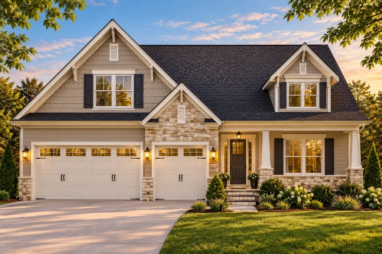 Front elevation of modern farmhouse style home with board and batten siding, stone accents, gable rooflines, and attached garage