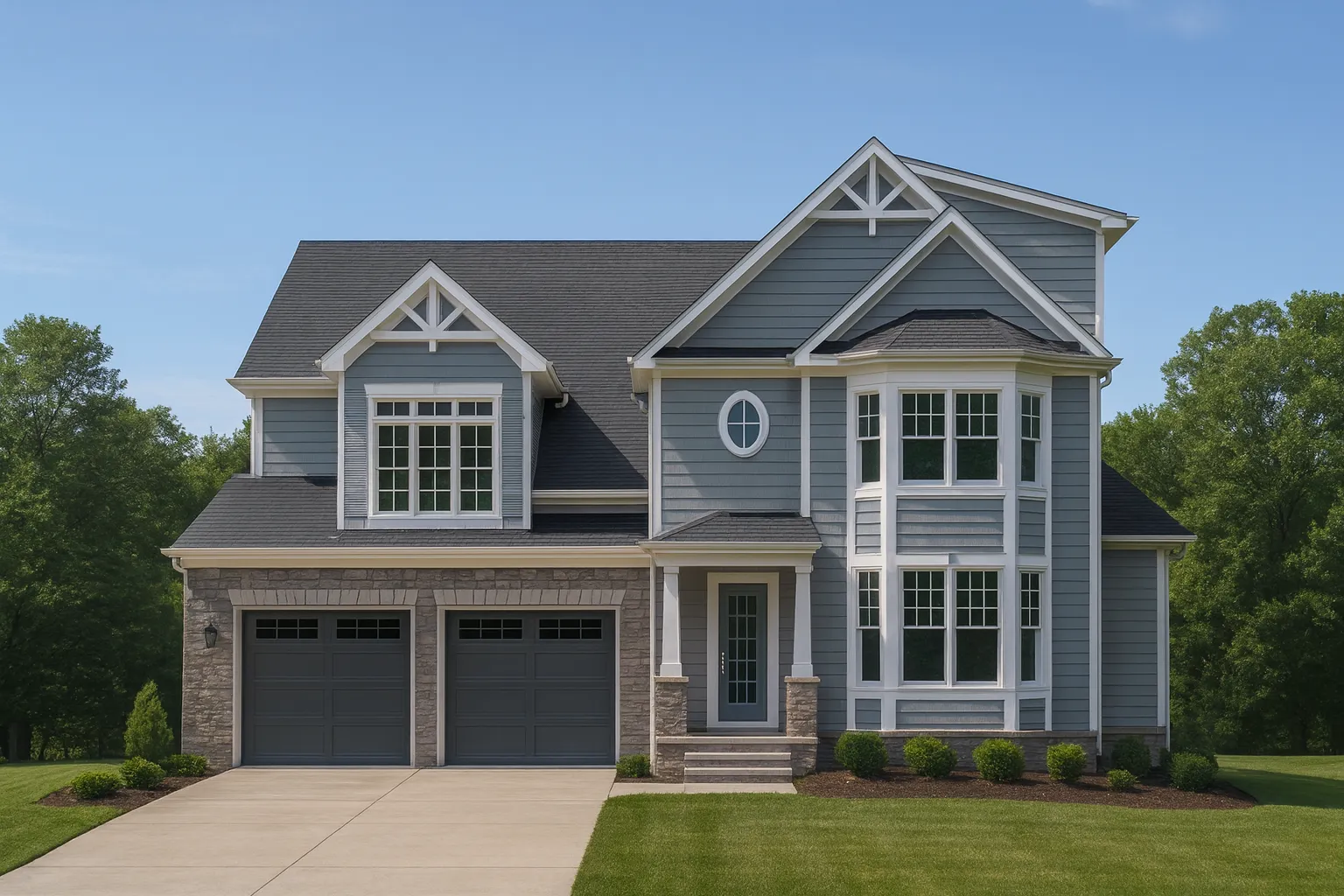 Front elevation of a Traditional Colonial style home with stone base, cream horizontal siding, and black-trimmed windows under steep gables