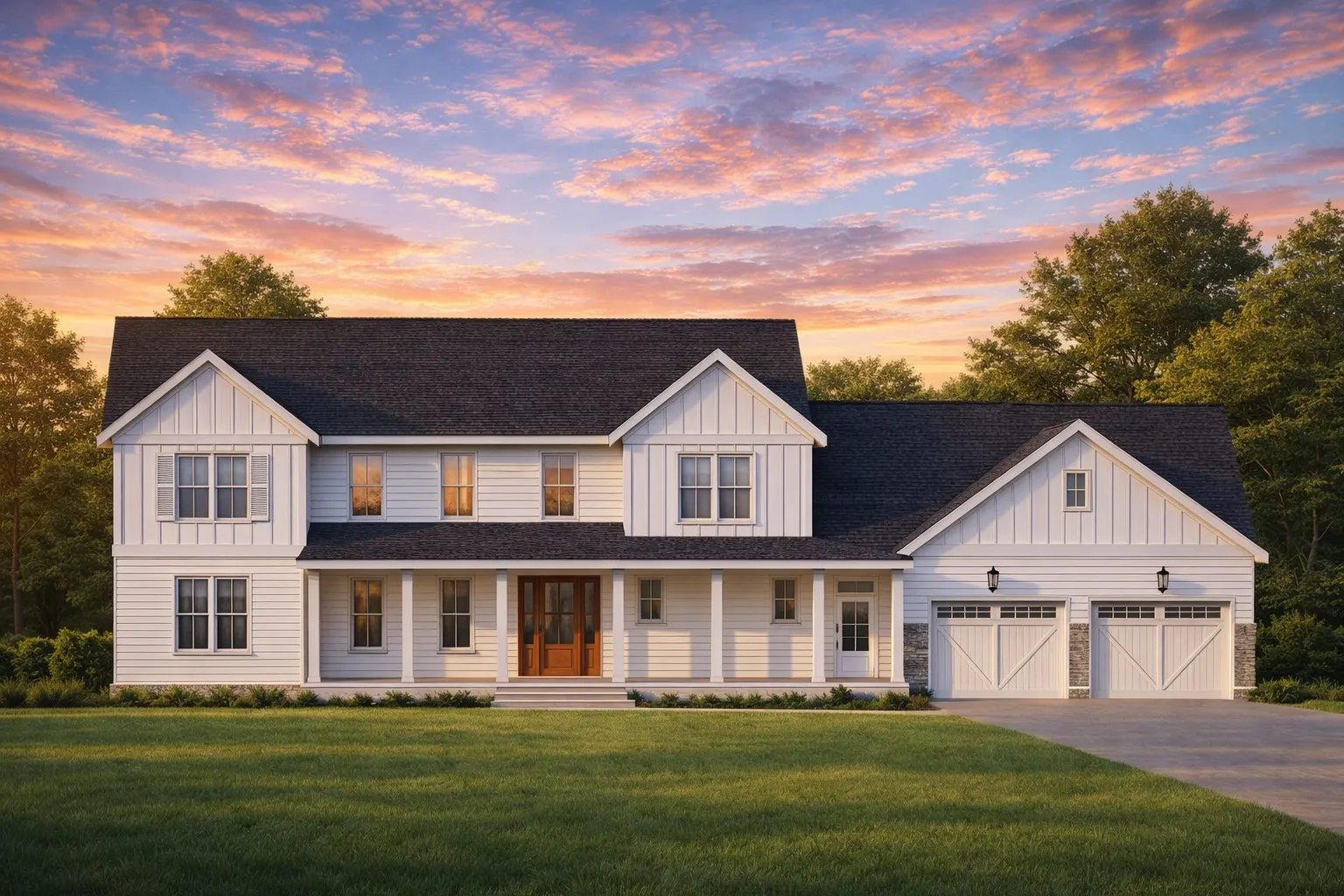 Front elevation of a Modern Farmhouse style home featuring board and batten siding, horizontal lap siding, gabled rooflines, and an attached two-car garage