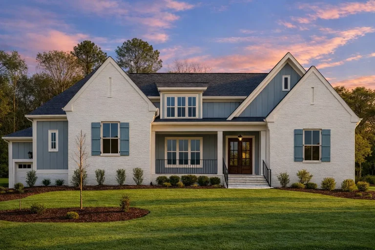 Front elevation of a New American Modern Traditional house with painted brick exterior, symmetrical gables, shutters, and covered entry